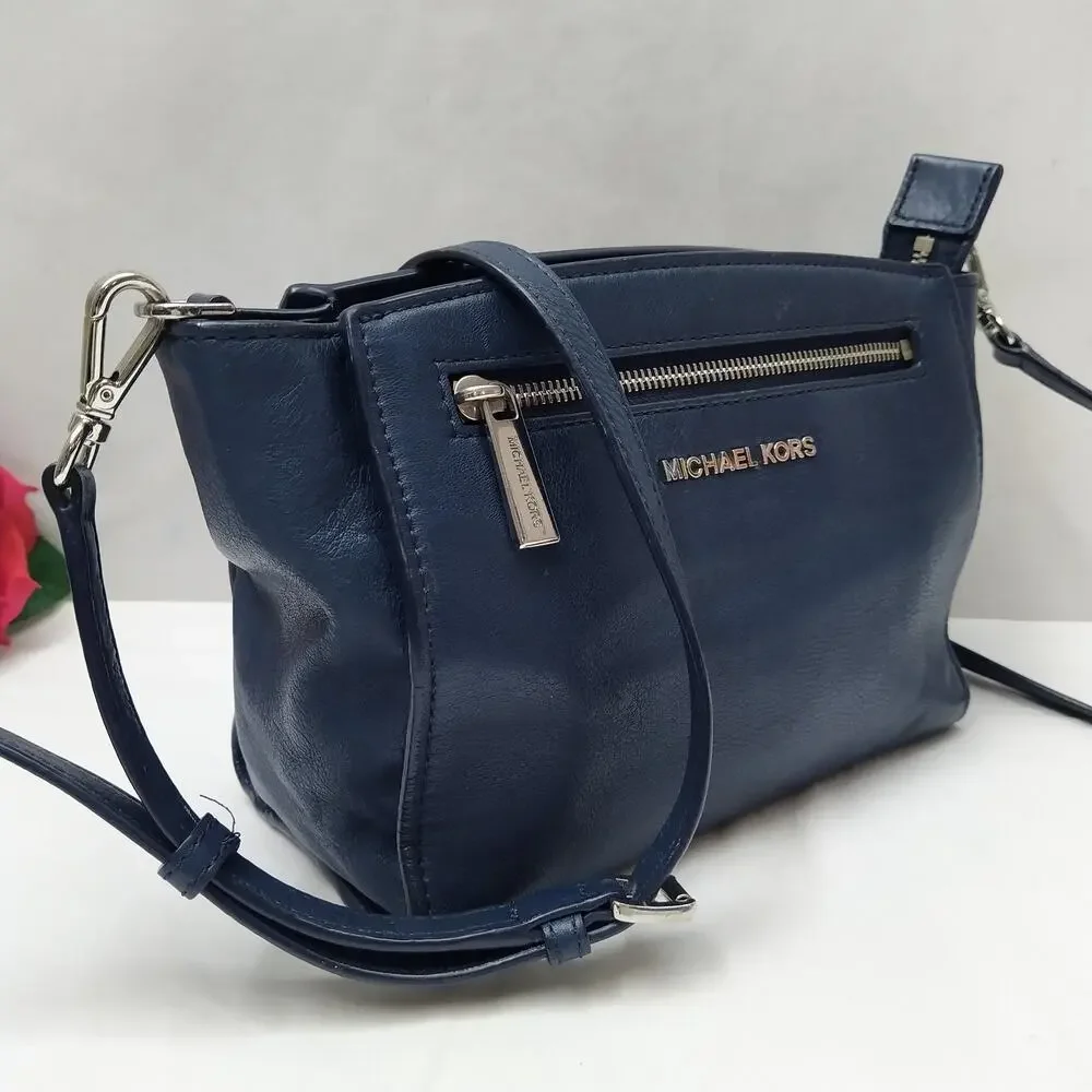 Michael Kors Blue Leather Zipper Closure Crossbody Bag